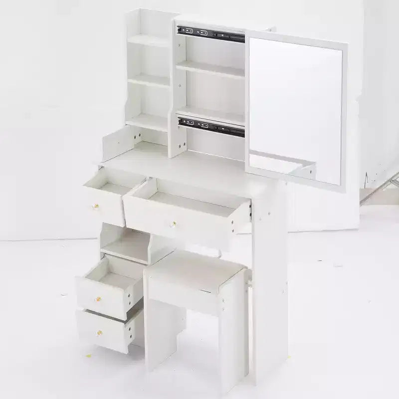 Tavolino da toeletta piccolo con cassetto a sinistra, specchio scorrevole extra-large, sgabello imbottito, multi-strato e grande capacità.