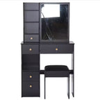 Tavolino da toeletta piccolo con cassetto a sinistra, specchio scorrevole extra-large, sgabello imbottito, multi-strato e grande capacità.