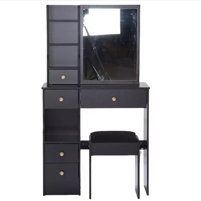 Tavolino da toeletta piccolo con cassetto a sinistra, specchio scorrevole extra-large, sgabello imbottito, multi-strato e grande capacità.