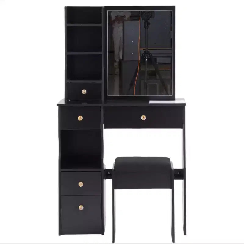 Tavolino da toeletta piccolo con cassetto a sinistra, specchio scorrevole extra-large, sgabello imbottito, multi-strato e grande capacità.