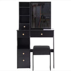 Tavolino da toeletta piccolo con cassetto a sinistra, specchio scorrevole extra-large, sgabello imbottito, multi-strato e grande capacità.