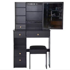 Tavolino da toeletta piccolo con cassetto a sinistra, specchio scorrevole extra-large, sgabello imbottito, multi-strato e grande capacità.
