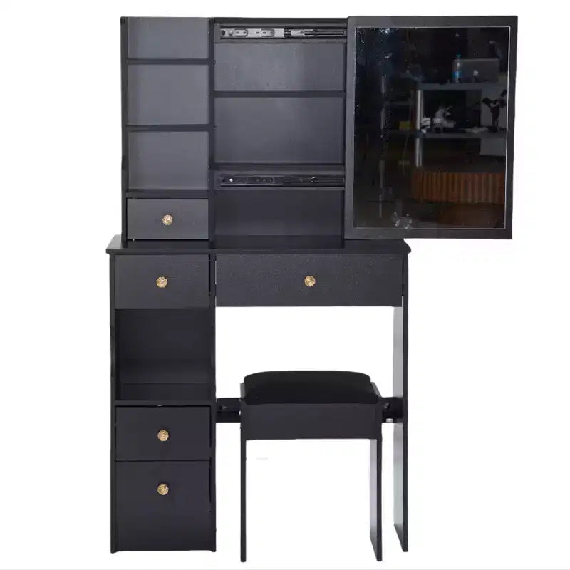 Tavolino da toeletta piccolo con cassetto a sinistra, specchio scorrevole extra-large, sgabello imbottito, multi-strato e grande capacità.