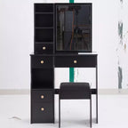 Tavolino da toeletta piccolo con cassetto a sinistra, specchio scorrevole extra-large, sgabello imbottito, multi-strato e grande capacità.
