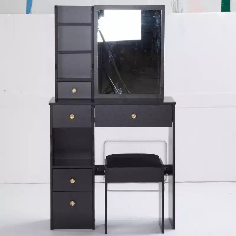 Tavolino da toeletta piccolo con cassetto a sinistra, specchio scorrevole extra-large, sgabello imbottito, multi-strato e grande capacità.