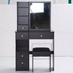 Tavolino da toeletta piccolo con cassetto a sinistra, specchio scorrevole extra-large, sgabello imbottito, multi-strato e grande capacità.
