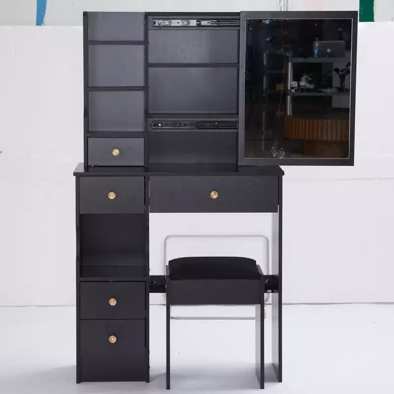 Tavolino da toeletta piccolo con cassetto a sinistra, specchio scorrevole extra-large, sgabello imbottito, multi-strato e grande capacità.