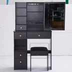 Tavolino da toeletta piccolo con cassetto a sinistra, specchio scorrevole extra-large, sgabello imbottito, multi-strato e grande capacità.