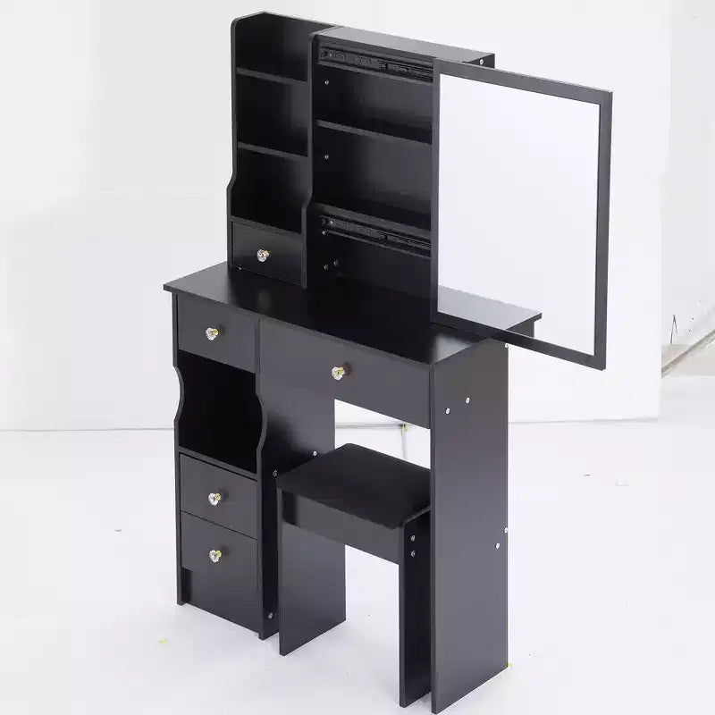 Tavolino da toeletta piccolo con cassetto a sinistra, specchio scorrevole extra-large, sgabello imbottito, multi-strato e grande capacità.