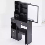 Tavolino da toeletta piccolo con cassetto a sinistra, specchio scorrevole extra-large, sgabello imbottito, multi-strato e grande capacità.