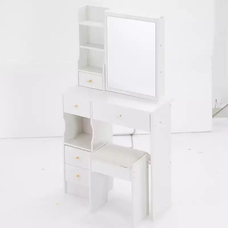 Tavolino da toeletta piccolo con cassetto a sinistra, specchio scorrevole extra-large, sgabello imbottito, multi-strato e grande capacità.
