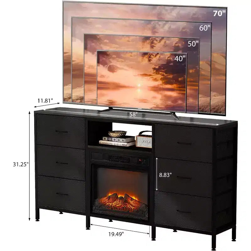 VINGLI Mobile TV con Caminetto Elettrico, Comodino Cassettiera con Cassetti in Tessuto, Mobile TV con Luci a LED e Consolle TV Industriale con Ripiani a Giorno