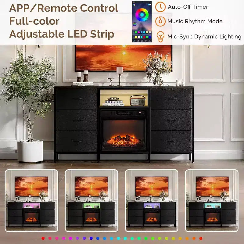VINGLI Mobile TV con Caminetto Elettrico, Comodino Cassettiera con Cassetti in Tessuto, Mobile TV con Luci a LED e Consolle TV Industriale con Ripiani a Giorno