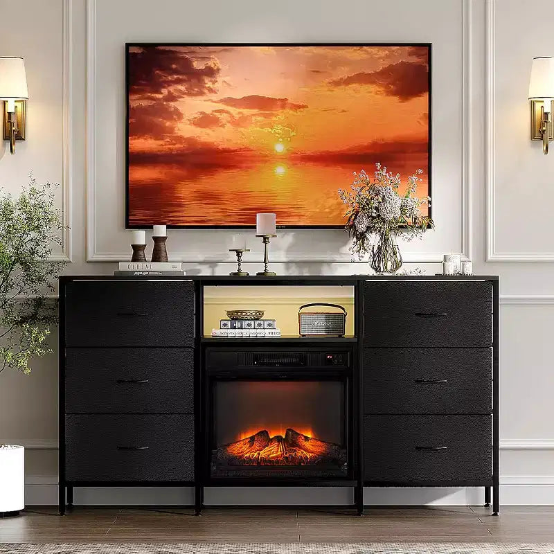VINGLI Mobile TV con Caminetto Elettrico, Comodino Cassettiera con Cassetti in Tessuto, Mobile TV con Luci a LED e Consolle TV Industriale con Ripiani a Giorno