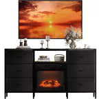 VINGLI Mobile TV con Caminetto Elettrico, Comodino Cassettiera con Cassetti in Tessuto, Mobile TV con Luci a LED e Consolle TV Industriale con Ripiani a Giorno