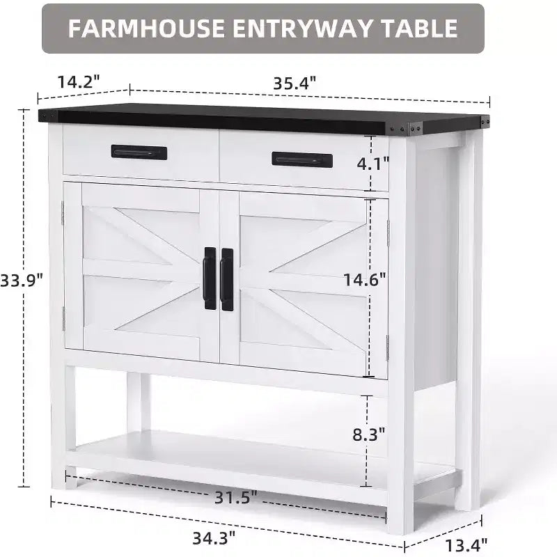Tavolo console da fattoria da 35,4 pollici con 2 cassetti portaoggetti e mobile a 2 ante, tavolo da ingresso con ripiano portaoggetti, per cucina, corridoio, soggiorno
