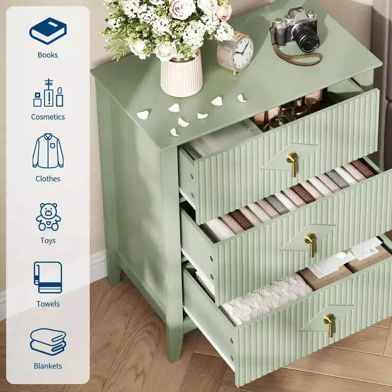 Comò GustoWave per camera da letto con 3 cassetti, cassettiera moderna da 71 cm con maniglie in metallo, organizer in legno per camera da letto, soggiorno