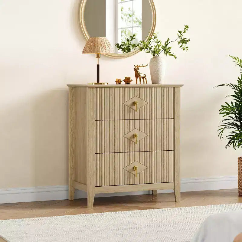 Comò GustoWave per camera da letto con 3 cassetti, cassettiera moderna da 71 cm con maniglie in metallo, organizer in legno per camera da letto, soggiorno
