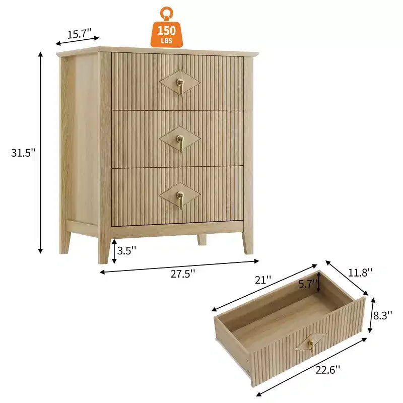 Comò GustoWave per camera da letto con 3 cassetti, cassettiera moderna da 71 cm con maniglie in metallo, organizer in legno per camera da letto, soggiorno