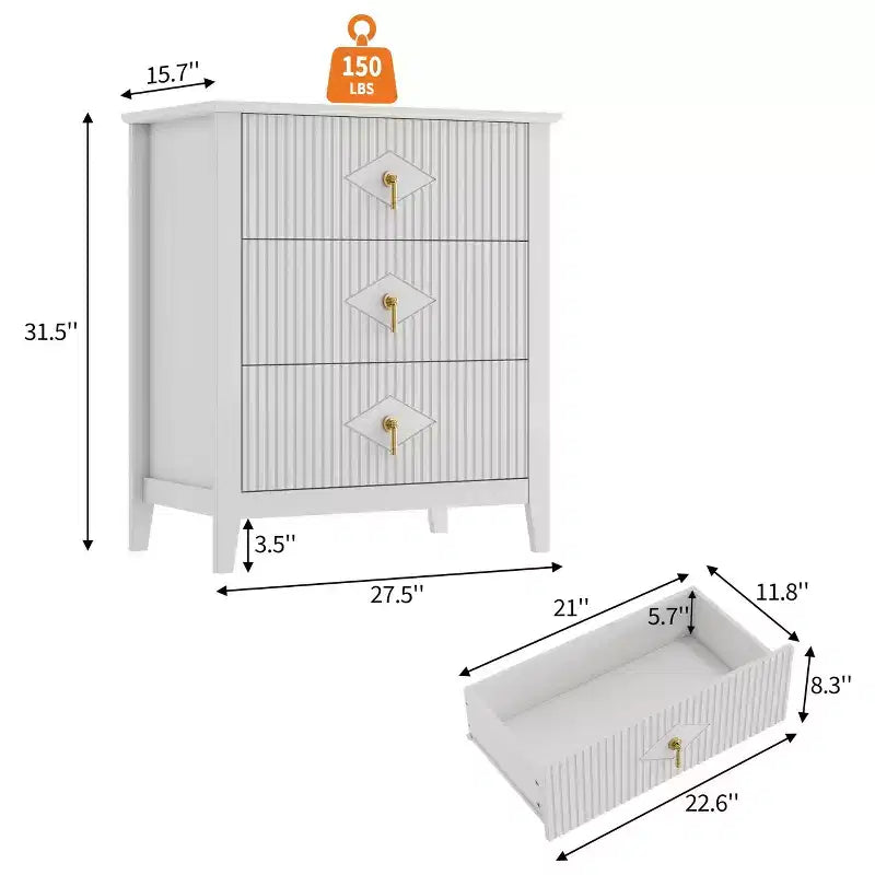Comò GustoWave per camera da letto con 3 cassetti, cassettiera moderna da 71 cm con maniglie in metallo, organizer in legno per camera da letto, soggiorno