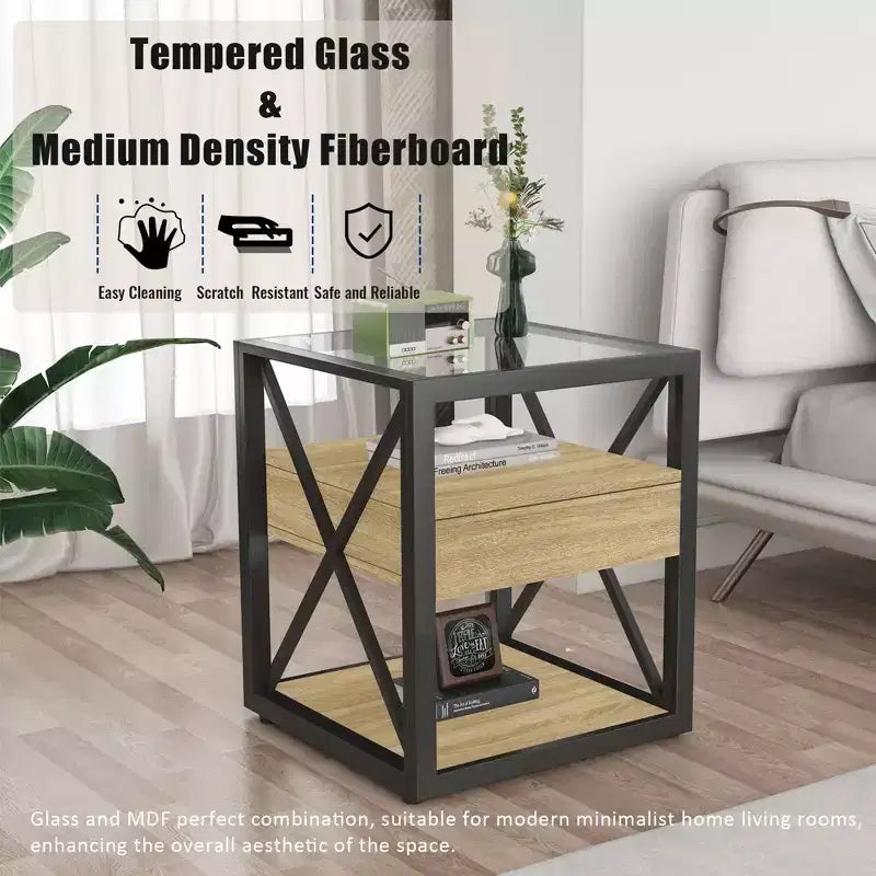 Tavolino finale moderno Okak con cassetto, tavolino laterale industriale con piano in vetro temperato, tavolino da divano per soggiorno, camera da letto
