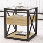 Tavolino finale moderno Okak con cassetto, tavolino laterale industriale con piano in vetro temperato, tavolino da divano per soggiorno, camera da letto