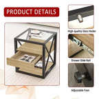 Tavolino finale moderno Okak con cassetto, tavolino laterale industriale con piano in vetro temperato, tavolino da divano per soggiorno, camera da letto