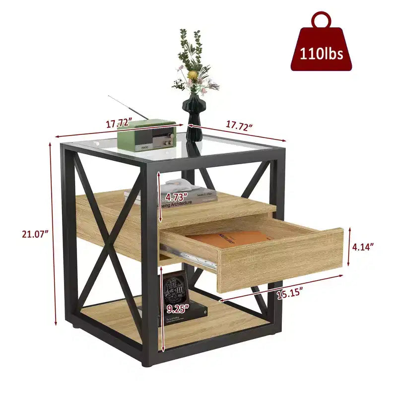 Tavolino finale moderno Okak con cassetto, tavolino laterale industriale con piano in vetro temperato, tavolino da divano per soggiorno, camera da letto