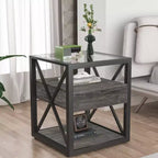 Tavolino finale moderno Okak con cassetto, tavolino laterale industriale con piano in vetro temperato, tavolino da divano per soggiorno, camera da letto
