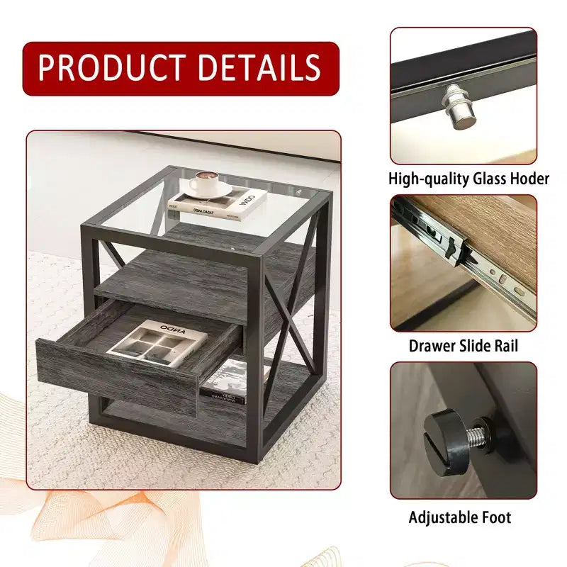 Tavolino finale moderno Okak con cassetto, tavolino laterale industriale con piano in vetro temperato, tavolino da divano per soggiorno, camera da letto