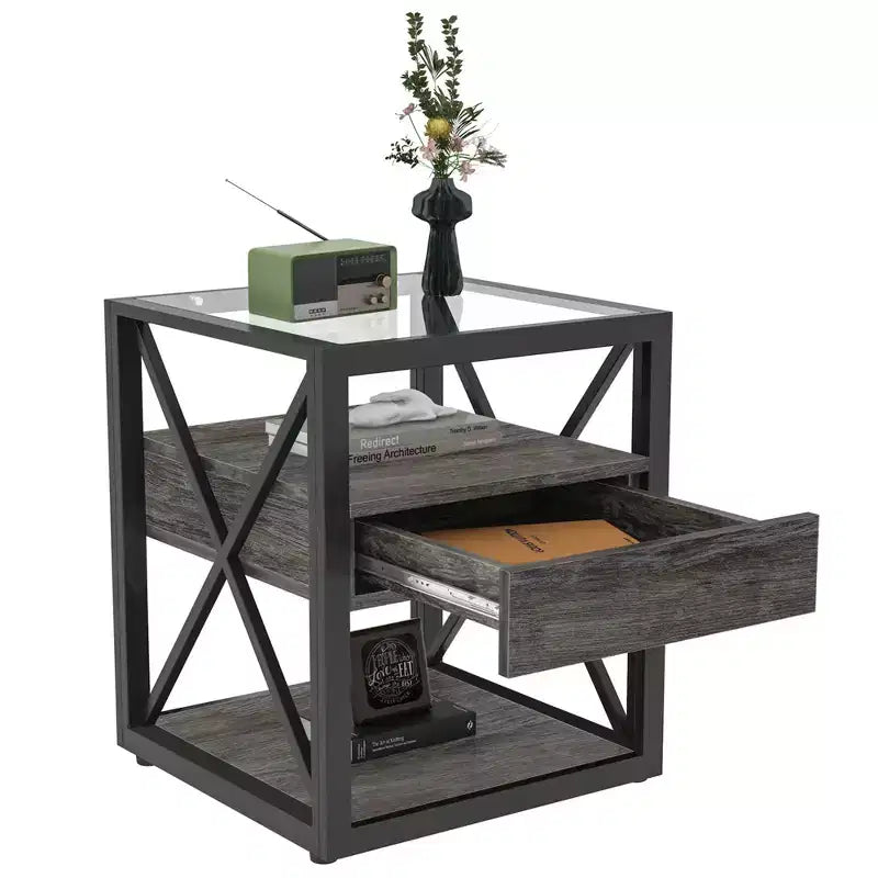 Tavolino finale moderno Okak con cassetto, tavolino laterale industriale con piano in vetro temperato, tavolino da divano per soggiorno, camera da letto