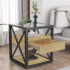 Tavolino finale moderno Okak con cassetto, tavolino laterale industriale con piano in vetro temperato, tavolino da divano per soggiorno, camera da letto