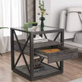 Tavolino finale moderno Okak con cassetto, tavolino laterale industriale con piano in vetro temperato, tavolino da divano per soggiorno, camera da letto