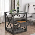 Tavolino finale moderno Okak con cassetto, tavolino laterale industriale con piano in vetro temperato, tavolino da divano per soggiorno, camera da letto