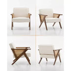 Poltrona d'Appoggio con Cuscino Morbido, Sedia Mid-Century Moderna con Struttura in Legno di Hevea, Poltrona Imbottita in Lino per Soggiorno, Camera da Letto