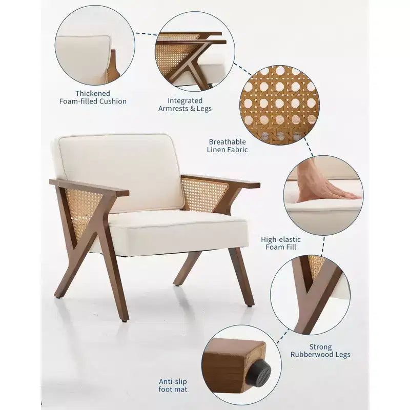 Poltrona d'Appoggio con Cuscino Morbido, Sedia Mid-Century Moderna con Struttura in Legno di Hevea, Poltrona Imbottita in Lino per Soggiorno, Camera da Letto
