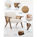 Poltrona d'Appoggio con Cuscino Morbido, Sedia Mid-Century Moderna con Struttura in Legno di Hevea, Poltrona Imbottita in Lino per Soggiorno, Camera da Letto