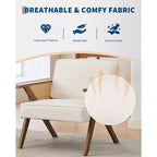 Poltrona d'Appoggio con Cuscino Morbido, Sedia Mid-Century Moderna con Struttura in Legno di Hevea, Poltrona Imbottita in Lino per Soggiorno, Camera da Letto