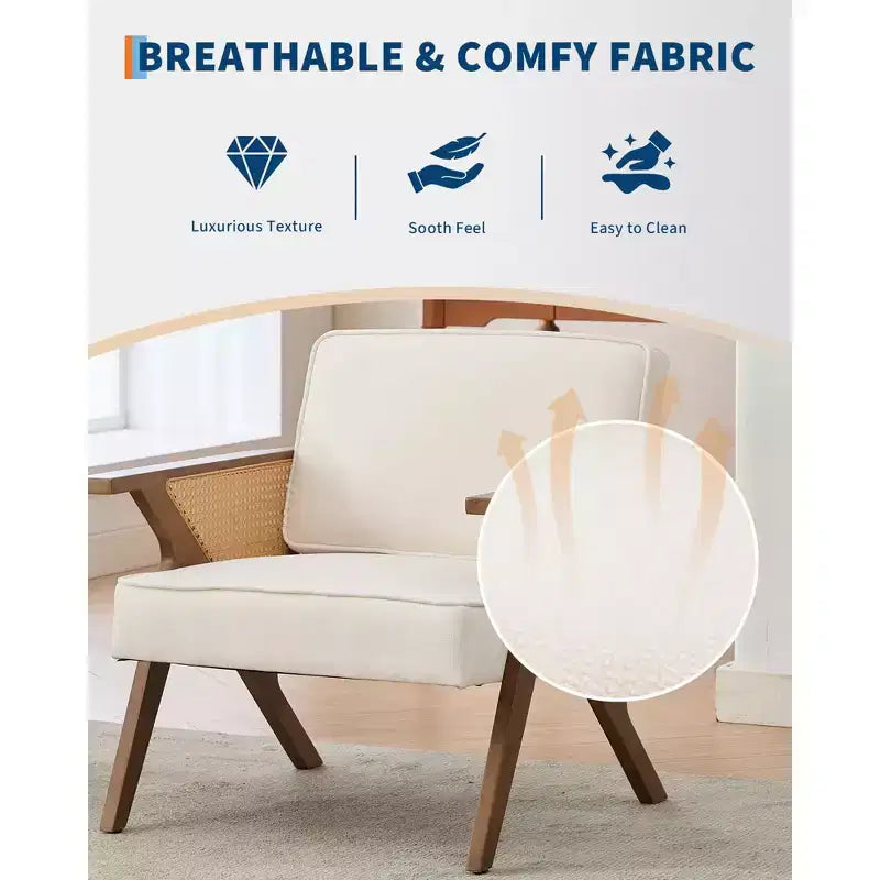 Poltrona d'Appoggio con Cuscino Morbido, Sedia Mid-Century Moderna con Struttura in Legno di Hevea, Poltrona Imbottita in Lino per Soggiorno, Camera da Letto