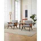 Poltrona d'Appoggio con Cuscino Morbido, Sedia Mid-Century Moderna con Struttura in Legno di Hevea, Poltrona Imbottita in Lino per Soggiorno, Camera da Letto