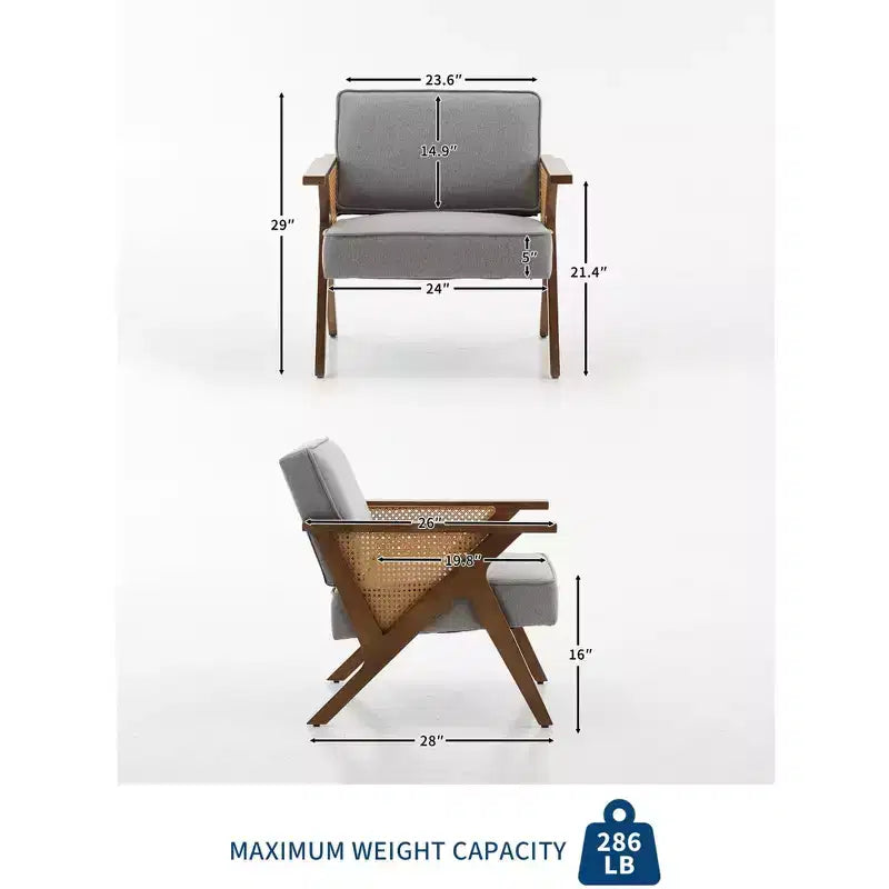 Poltrona d'Appoggio con Cuscino Morbido, Sedia Mid-Century Moderna con Struttura in Legno di Hevea, Poltrona Imbottita in Lino per Soggiorno, Camera da Letto