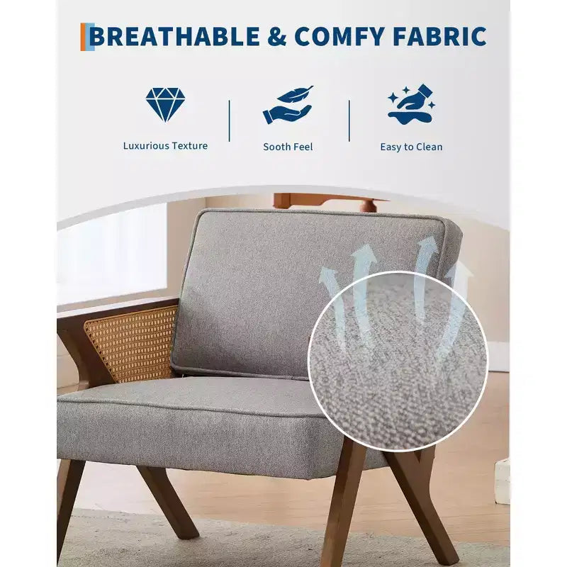 Poltrona d'Appoggio con Cuscino Morbido, Sedia Mid-Century Moderna con Struttura in Legno di Hevea, Poltrona Imbottita in Lino per Soggiorno, Camera da Letto