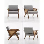 Poltrona d'Appoggio con Cuscino Morbido, Sedia Mid-Century Moderna con Struttura in Legno di Hevea, Poltrona Imbottita in Lino per Soggiorno, Camera da Letto