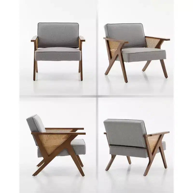 Poltrona d'Appoggio con Cuscino Morbido, Sedia Mid-Century Moderna con Struttura in Legno di Hevea, Poltrona Imbottita in Lino per Soggiorno, Camera da Letto