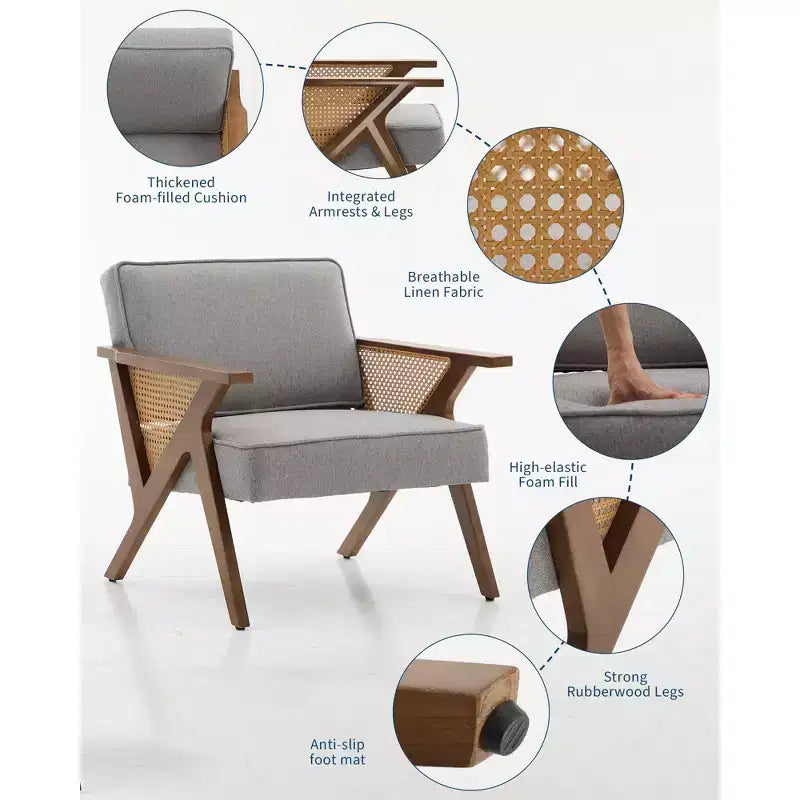Poltrona d'Appoggio con Cuscino Morbido, Sedia Mid-Century Moderna con Struttura in Legno di Hevea, Poltrona Imbottita in Lino per Soggiorno, Camera da Letto