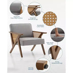 Poltrona d'Appoggio con Cuscino Morbido, Sedia Mid-Century Moderna con Struttura in Legno di Hevea, Poltrona Imbottita in Lino per Soggiorno, Camera da Letto