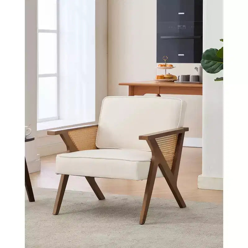 Poltrona d'Appoggio con Cuscino Morbido, Sedia Mid-Century Moderna con Struttura in Legno di Hevea, Poltrona Imbottita in Lino per Soggiorno, Camera da Letto
