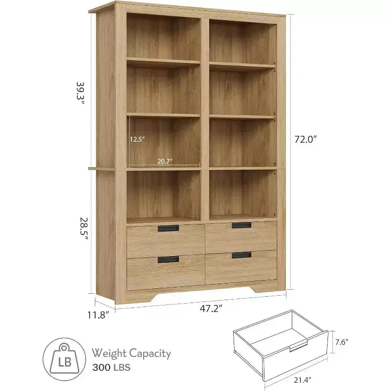 Libreria Acekool 183 cm Altezza, Doppia Larghezza 8 Ripiani con 4 Cassetti, Antiribaltamento, Contenitore Stile Rustico per Soggiorno, Camera da Letto, Ufficio, 120 cm L x 30 cm P