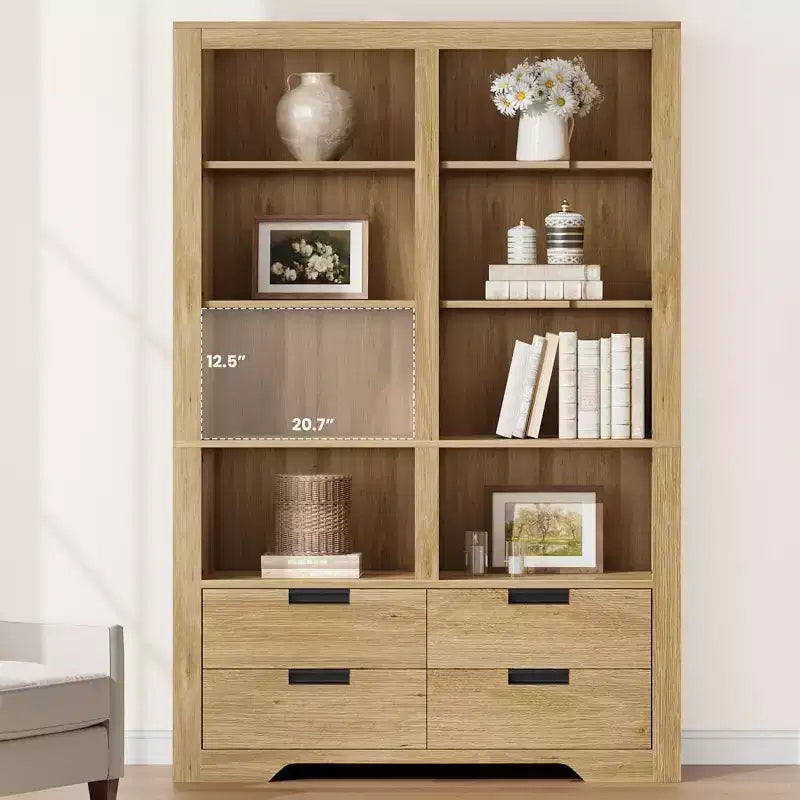 Libreria Acekool 183 cm Altezza, Doppia Larghezza 8 Ripiani con 4 Cassetti, Antiribaltamento, Contenitore Stile Rustico per Soggiorno, Camera da Letto, Ufficio, 120 cm L x 30 cm P