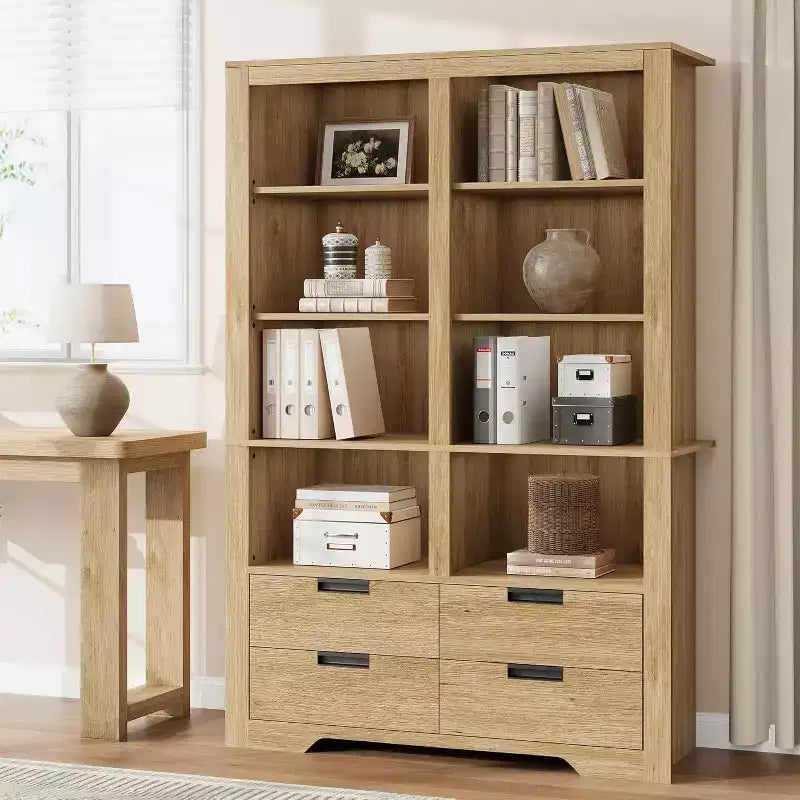 Libreria Acekool 183 cm Altezza, Doppia Larghezza 8 Ripiani con 4 Cassetti, Antiribaltamento, Contenitore Stile Rustico per Soggiorno, Camera da Letto, Ufficio, 120 cm L x 30 cm P